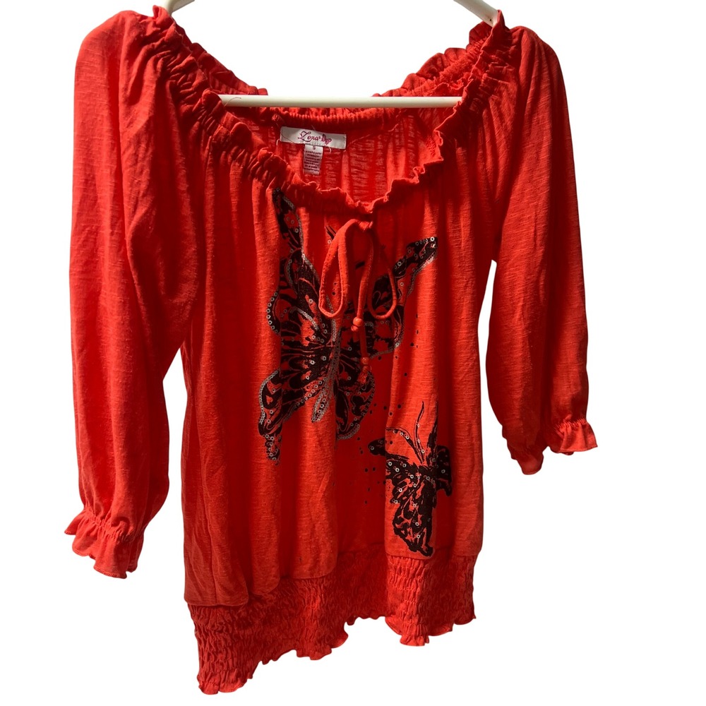 Vintage Y2K Red Butterfly Peasant Top Fairycore Boho Smocked Blouse